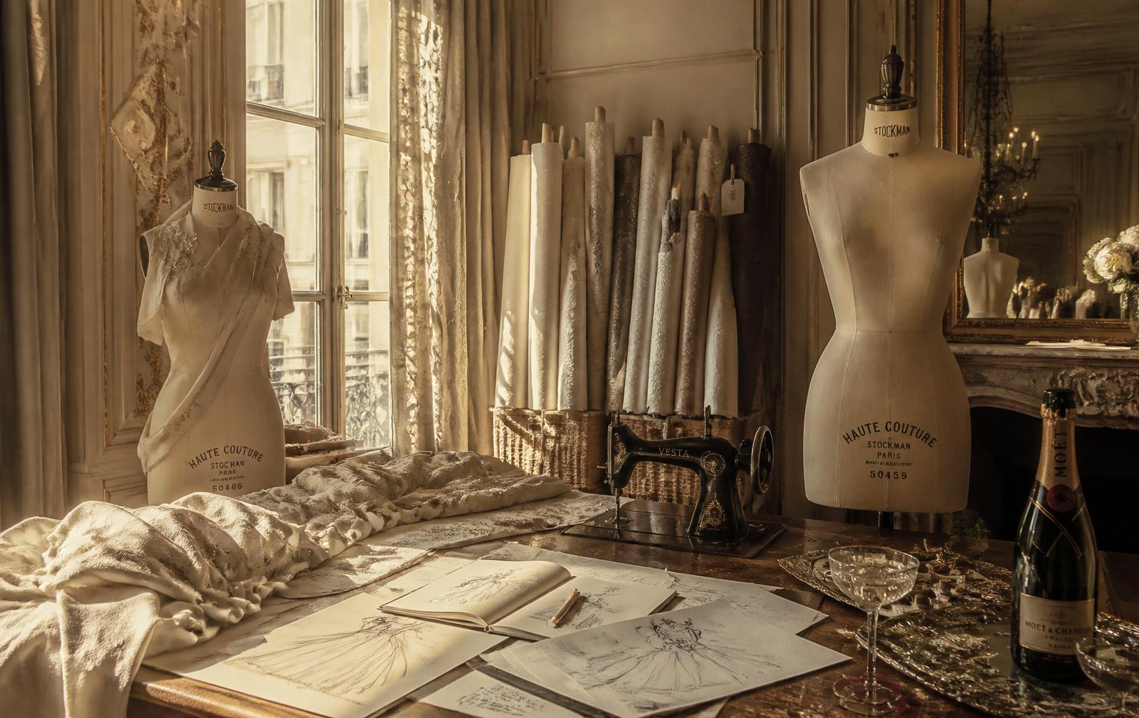 Interior do atelier com manequins, rolos de seda e máquina de costura vintage