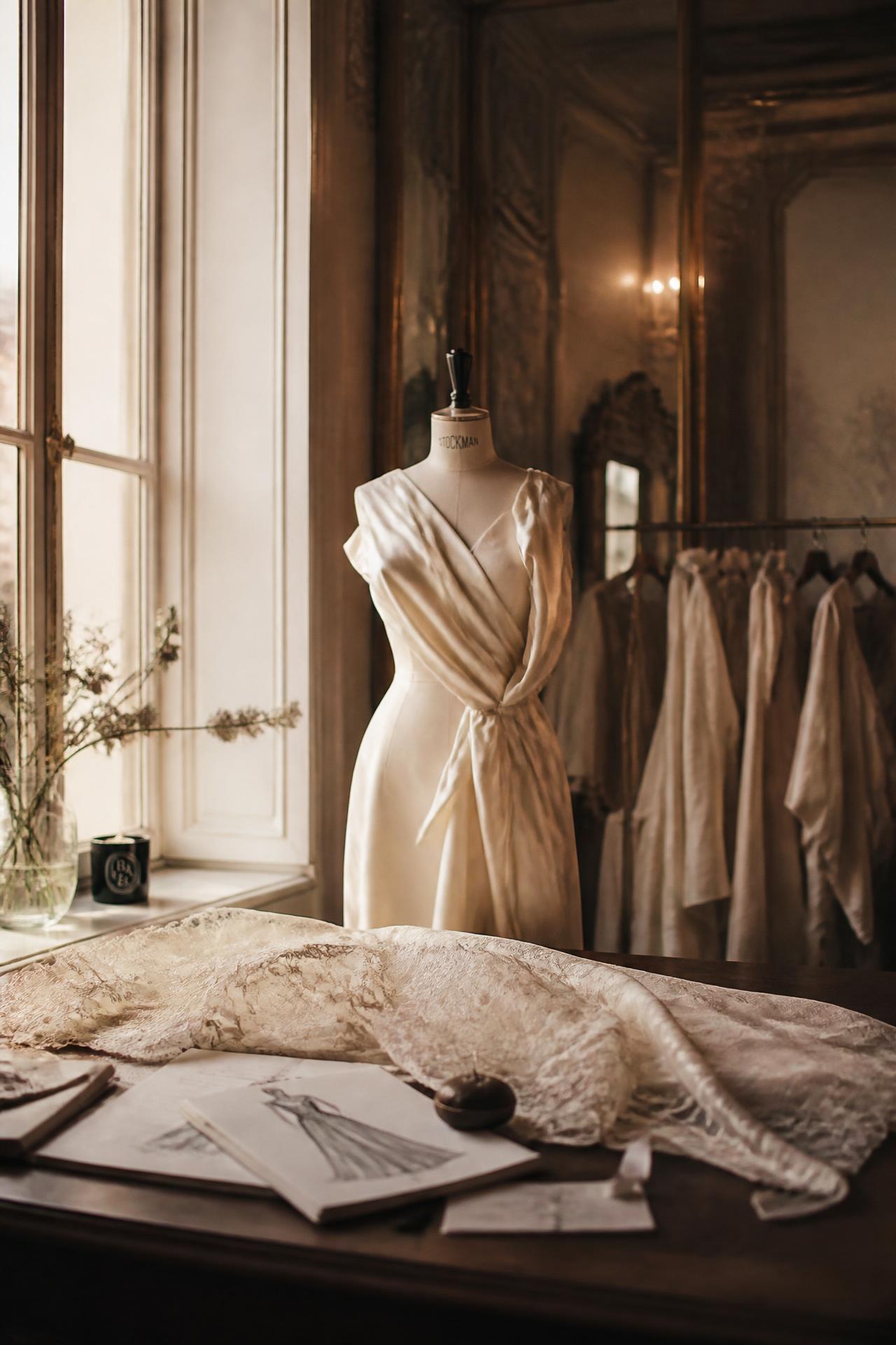 Interior do atelier Pâmela Lacerda com vestido de alta costura em manequim e luz natural