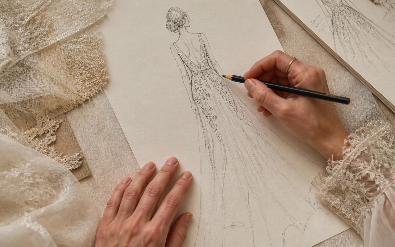 Mãos desenhando um croqui de vestido de alta costura
